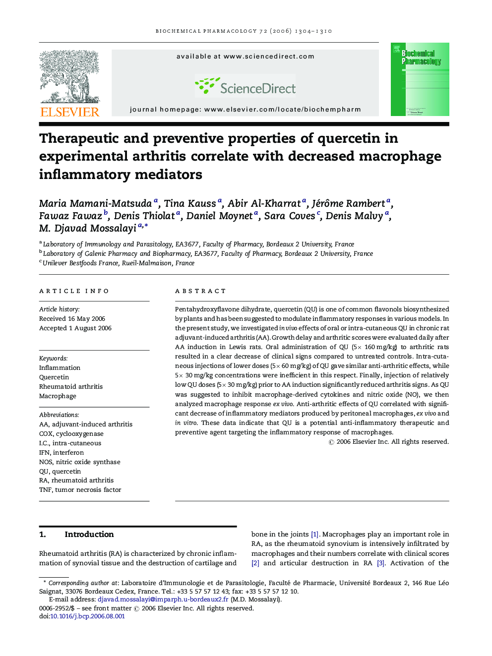 Therapeutic and preventive properties of quercetin in experimental arthritis correlate with decreased macrophage inflammatory mediators