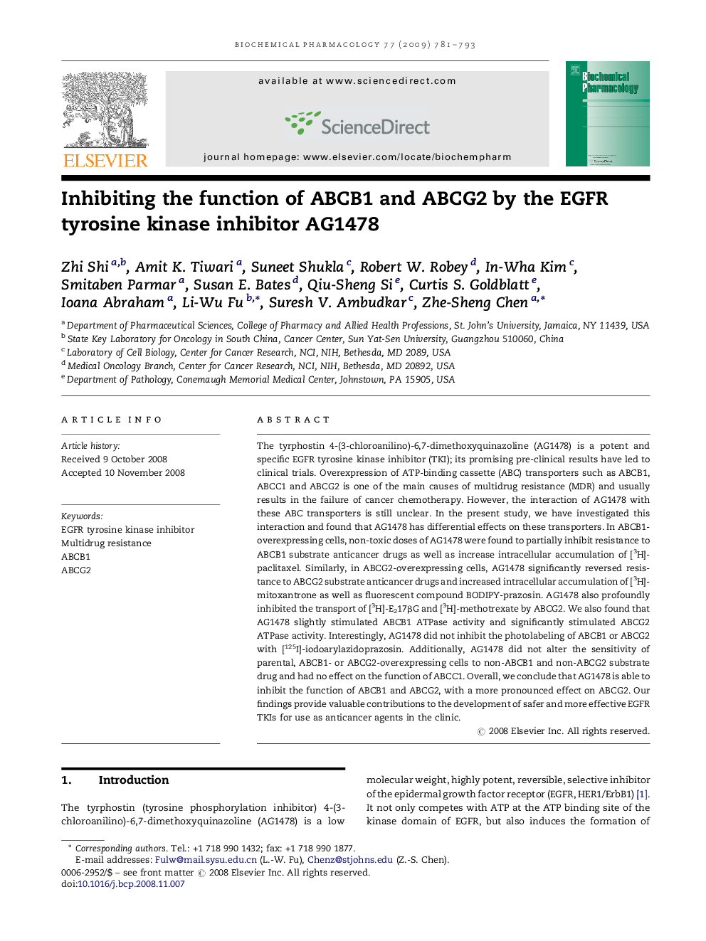 Inhibiting the function of ABCB1 and ABCG2 by the EGFR tyrosine kinase inhibitor AG1478