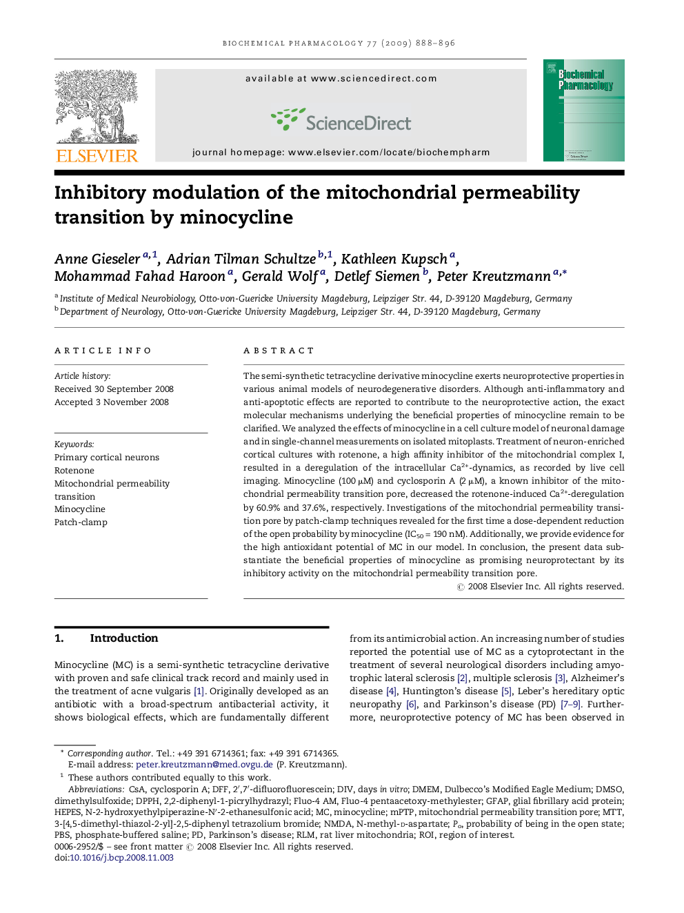 Inhibitory modulation of the mitochondrial permeability transition by minocycline