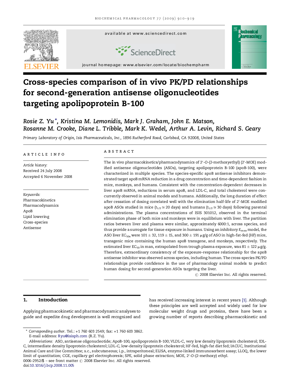 Cross-species comparison of in vivo PK/PD relationships for second-generation antisense oligonucleotides targeting apolipoprotein B-100