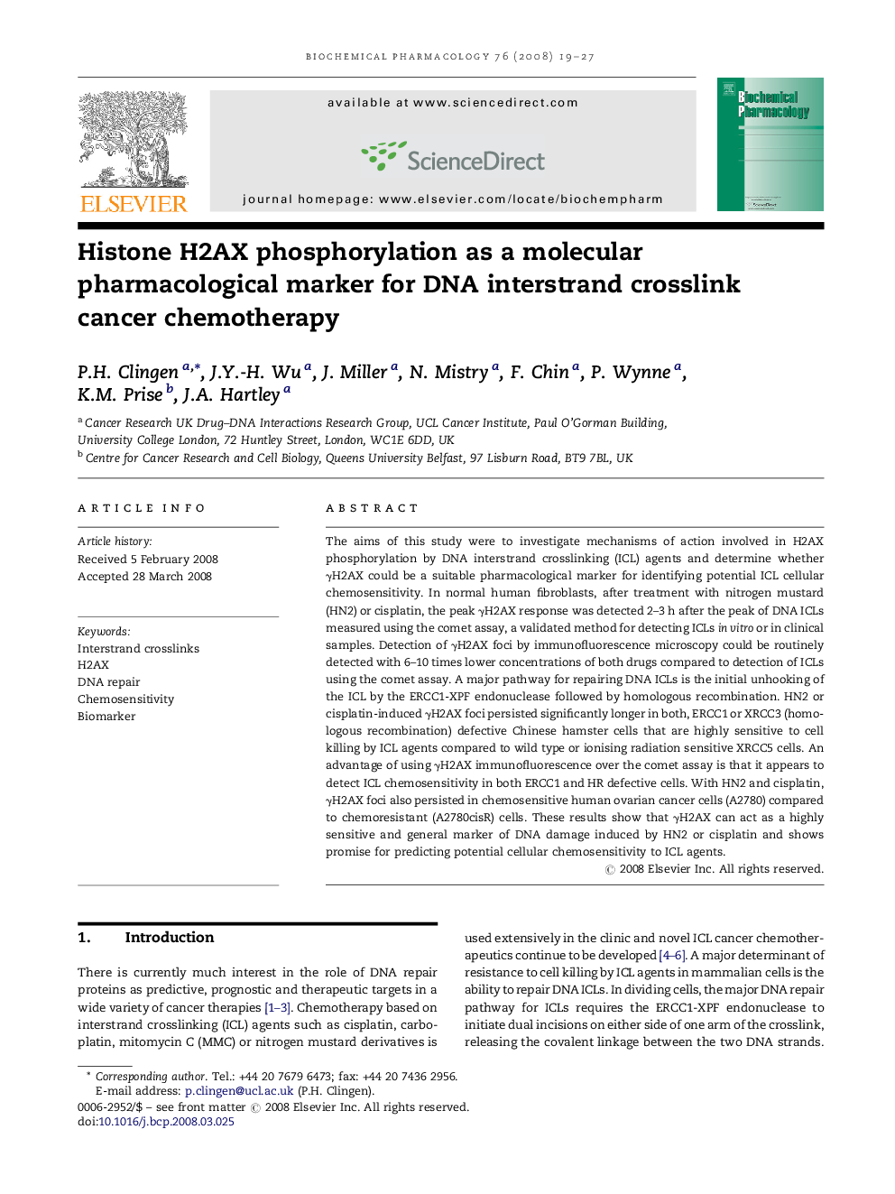 Histone H2AX phosphorylation as a molecular pharmacological marker for DNA interstrand crosslink cancer chemotherapy