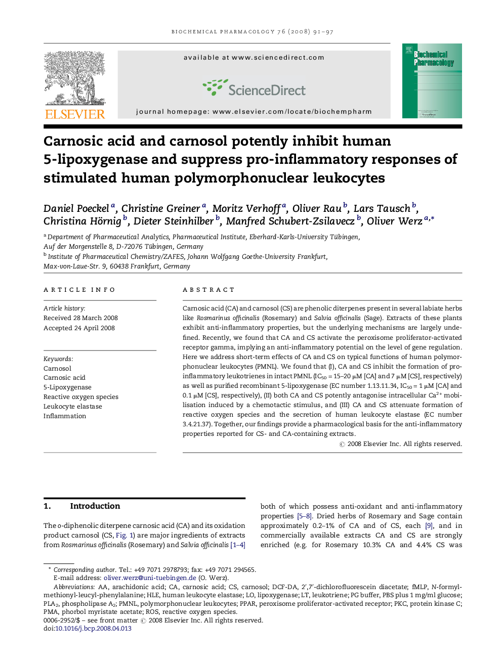 Carnosic acid and carnosol potently inhibit human 5-lipoxygenase and suppress pro-inflammatory responses of stimulated human polymorphonuclear leukocytes