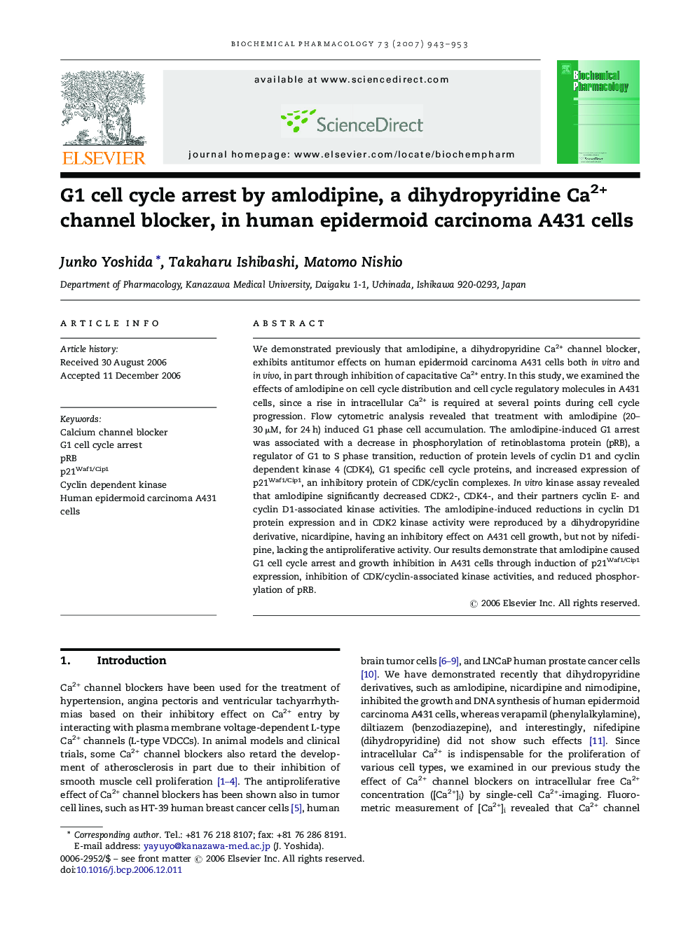 G1 cell cycle arrest by amlodipine, a dihydropyridine Ca2+ channel blocker, in human epidermoid carcinoma A431 cells