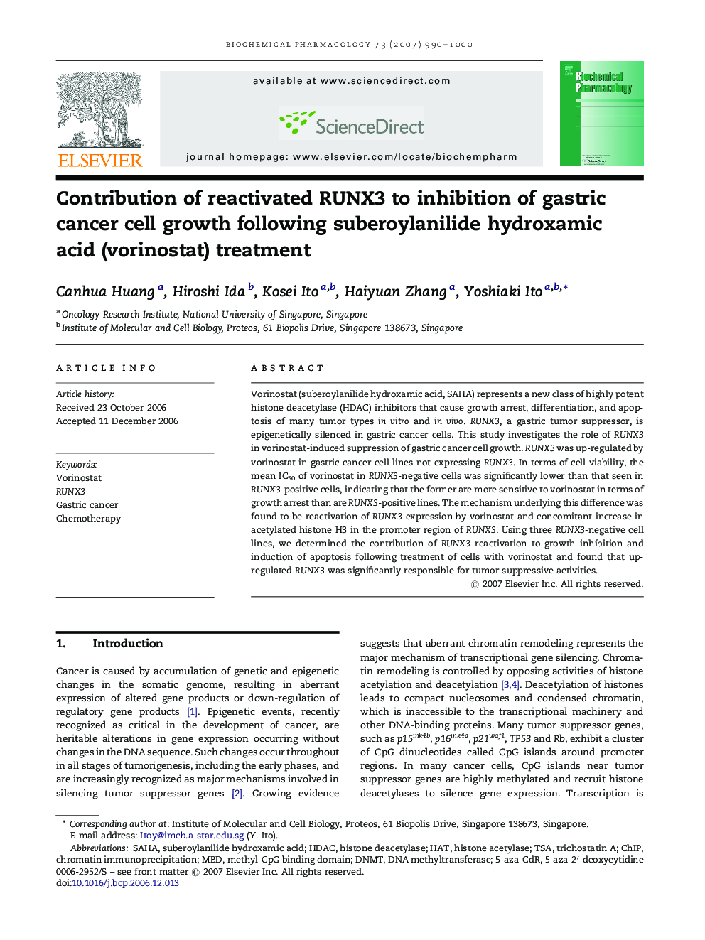 Contribution of reactivated RUNX3 to inhibition of gastric cancer cell growth following suberoylanilide hydroxamic acid (vorinostat) treatment