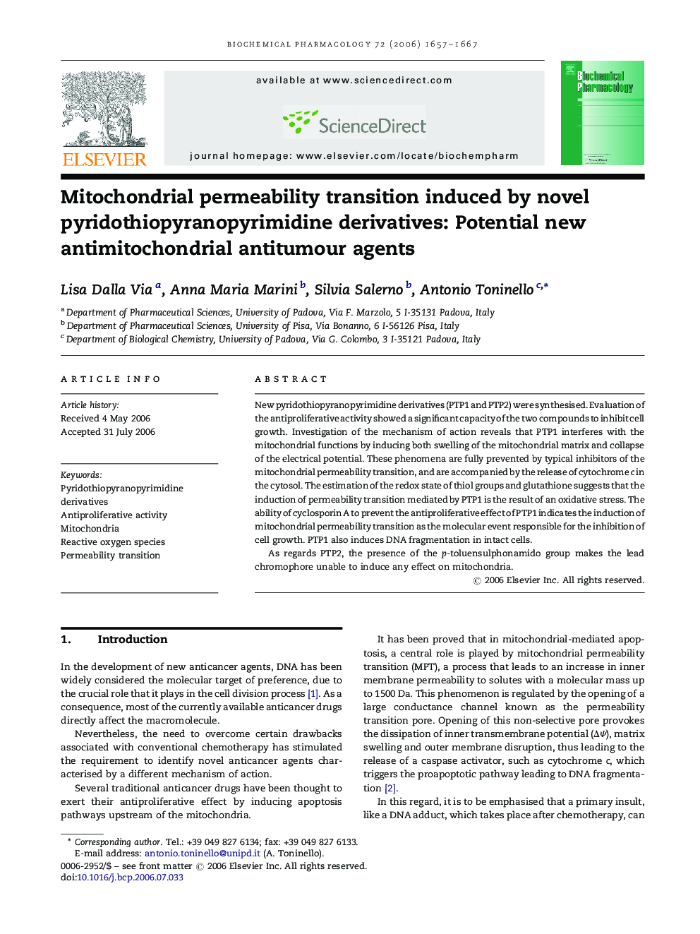 Mitochondrial permeability transition induced by novel pyridothiopyranopyrimidine derivatives: Potential new antimitochondrial antitumour agents
