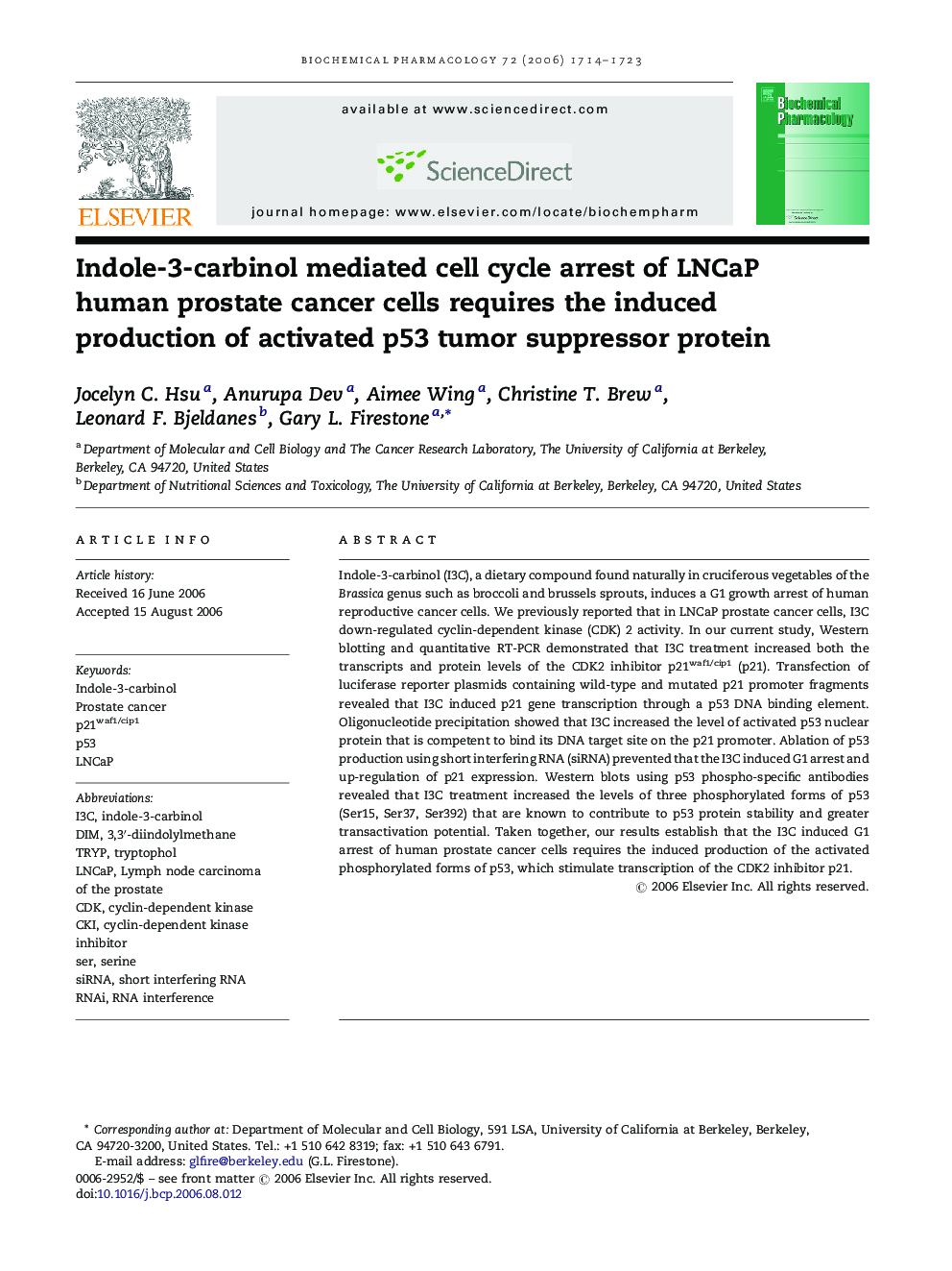 Indole-3-carbinol mediated cell cycle arrest of LNCaP human prostate cancer cells requires the induced production of activated p53 tumor suppressor protein