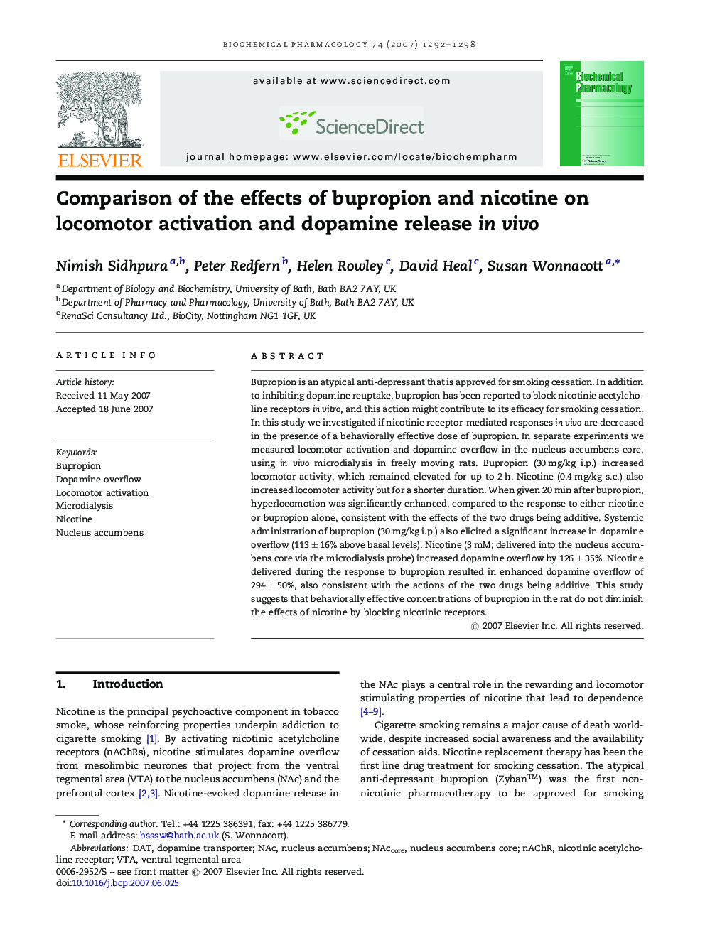 Comparison of the effects of bupropion and nicotine on locomotor activation and dopamine release in vivo