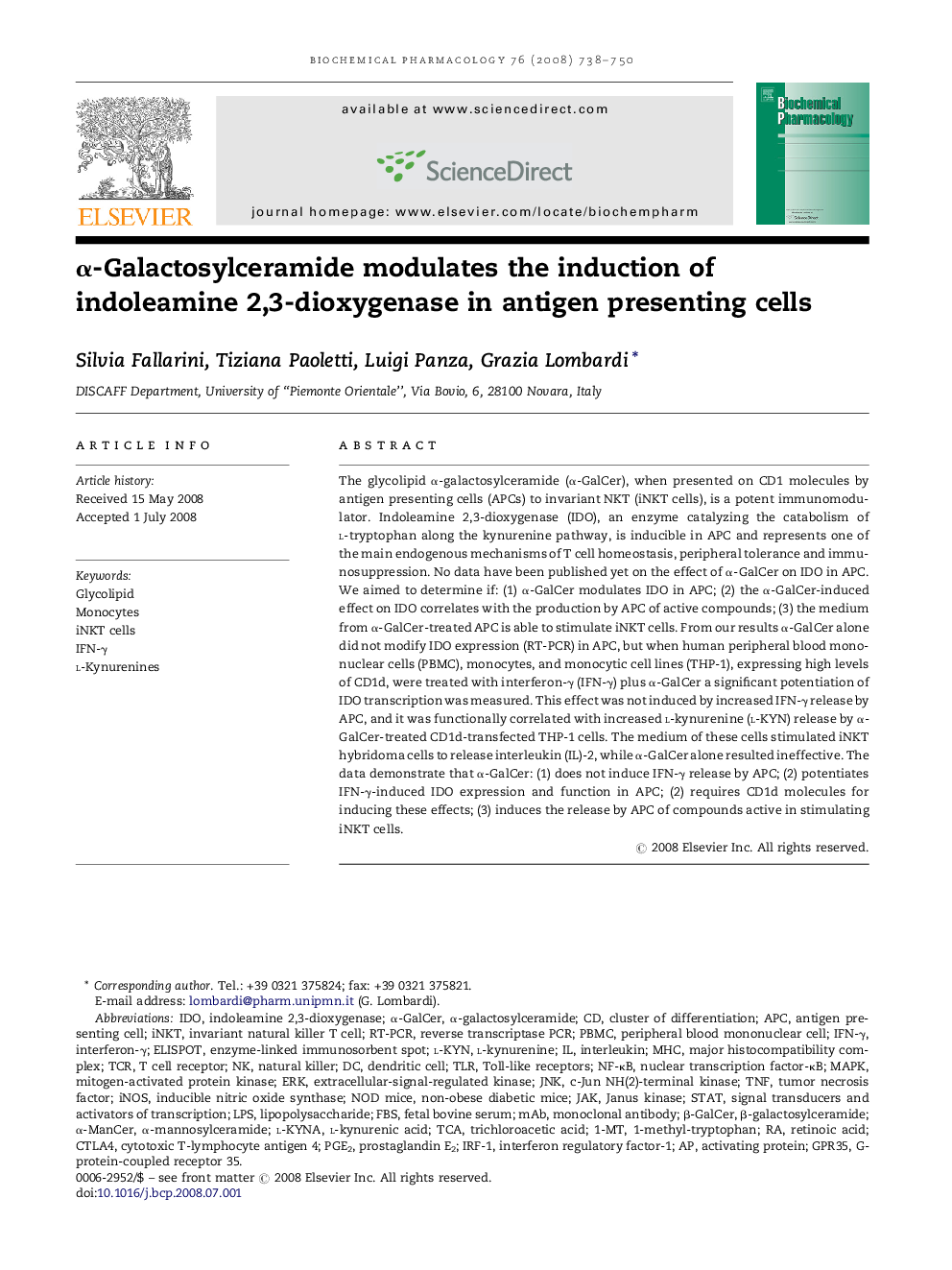 α-Galactosylceramide modulates the induction of indoleamine 2,3-dioxygenase in antigen presenting cells