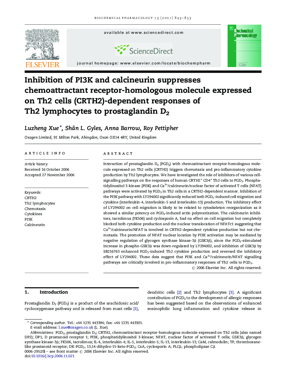 Inhibition of PI3K and calcineurin suppresses chemoattractant receptor-homologous molecule expressed on Th2 cells (CRTH2)-dependent responses of Th2 lymphocytes to prostaglandin D2