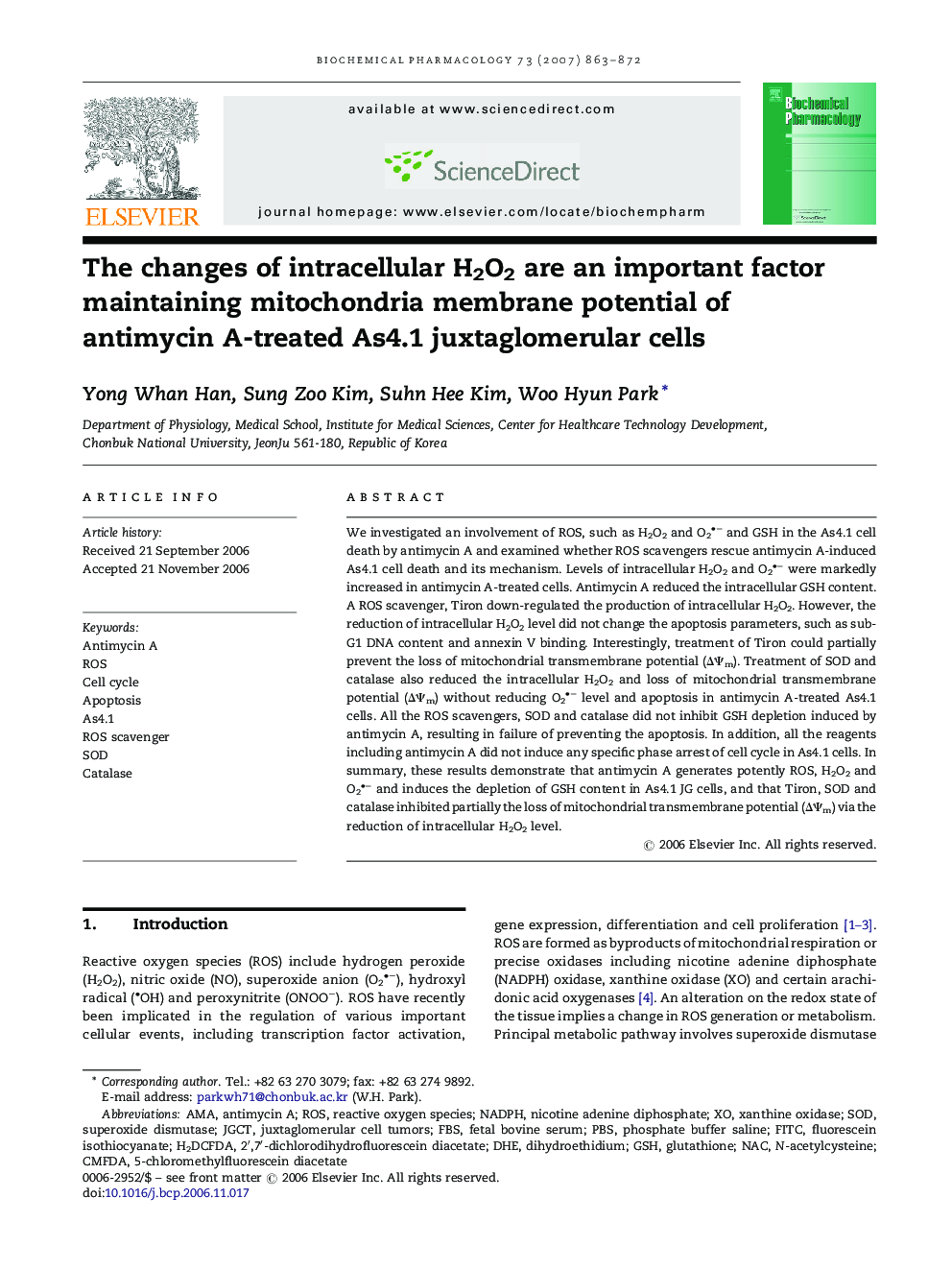 The changes of intracellular H2O2 are an important factor maintaining mitochondria membrane potential of antimycin A-treated As4.1 juxtaglomerular cells