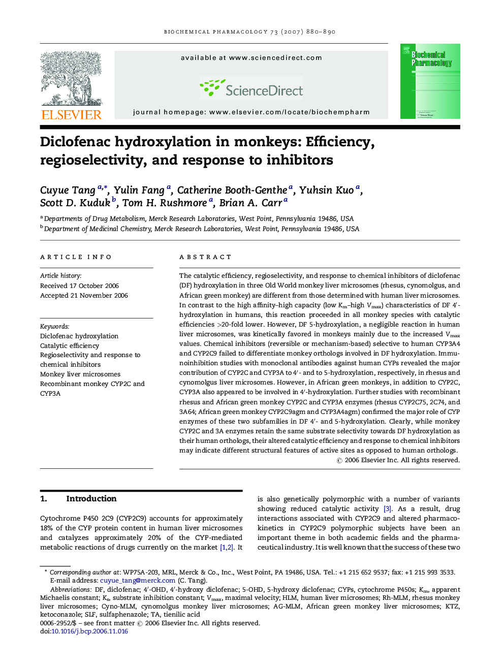 Diclofenac hydroxylation in monkeys: Efficiency, regioselectivity, and response to inhibitors