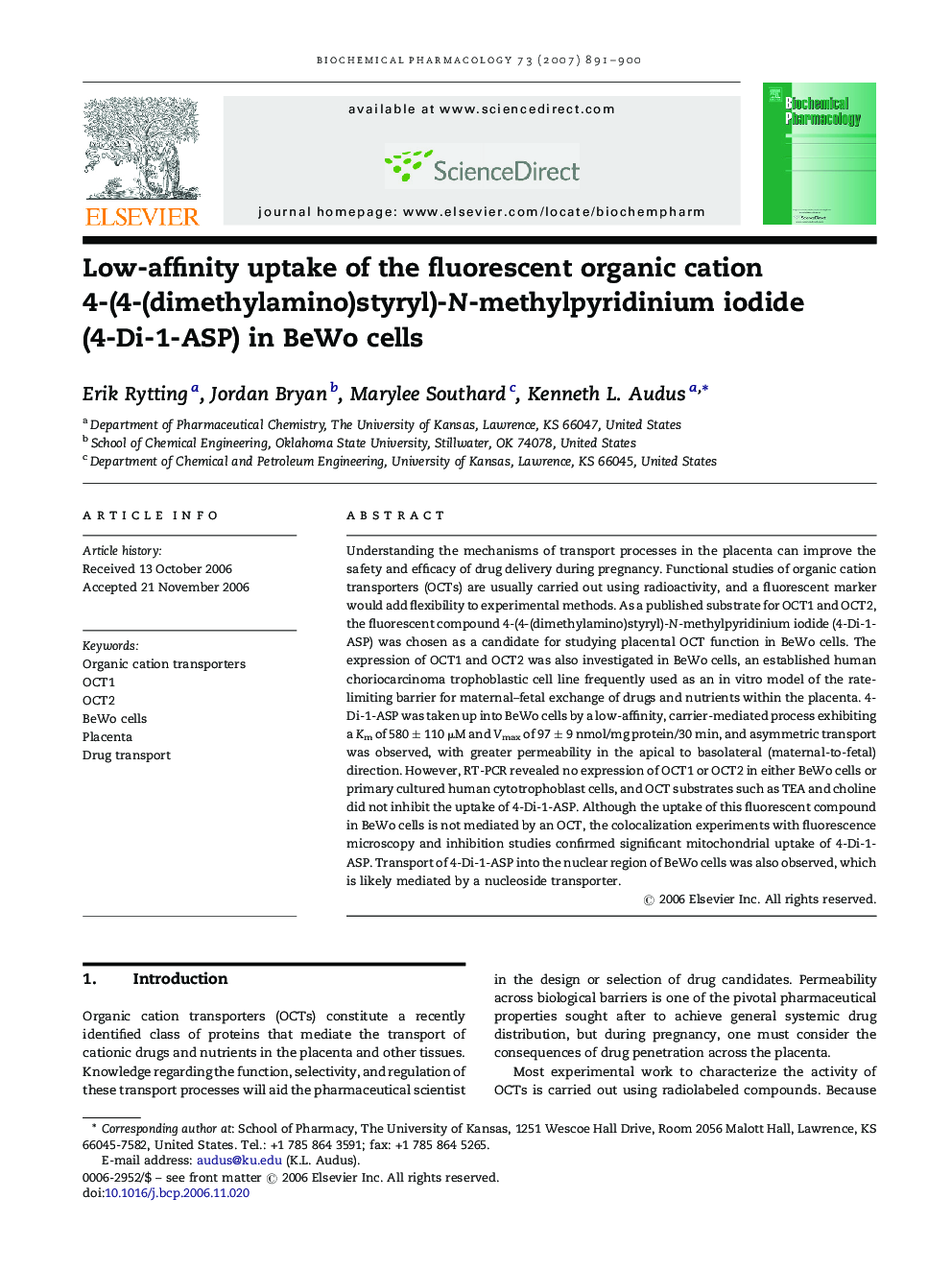 Low-affinity uptake of the fluorescent organic cation 4-(4-(dimethylamino)styryl)-N-methylpyridinium iodide (4-Di-1-ASP) in BeWo cells