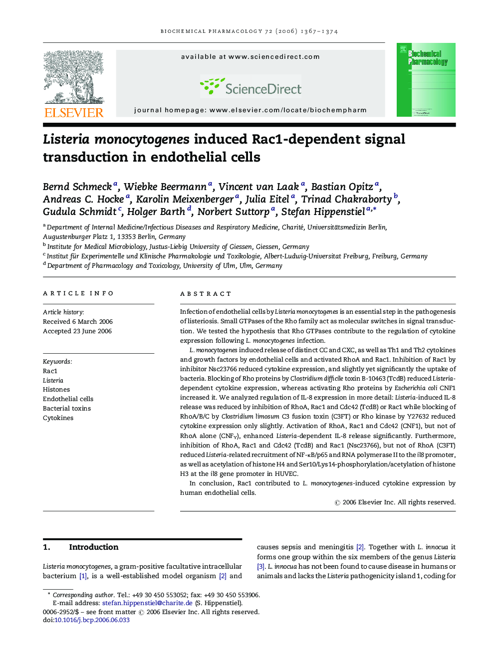 Listeria monocytogenes induced Rac1-dependent signal transduction in endothelial cells