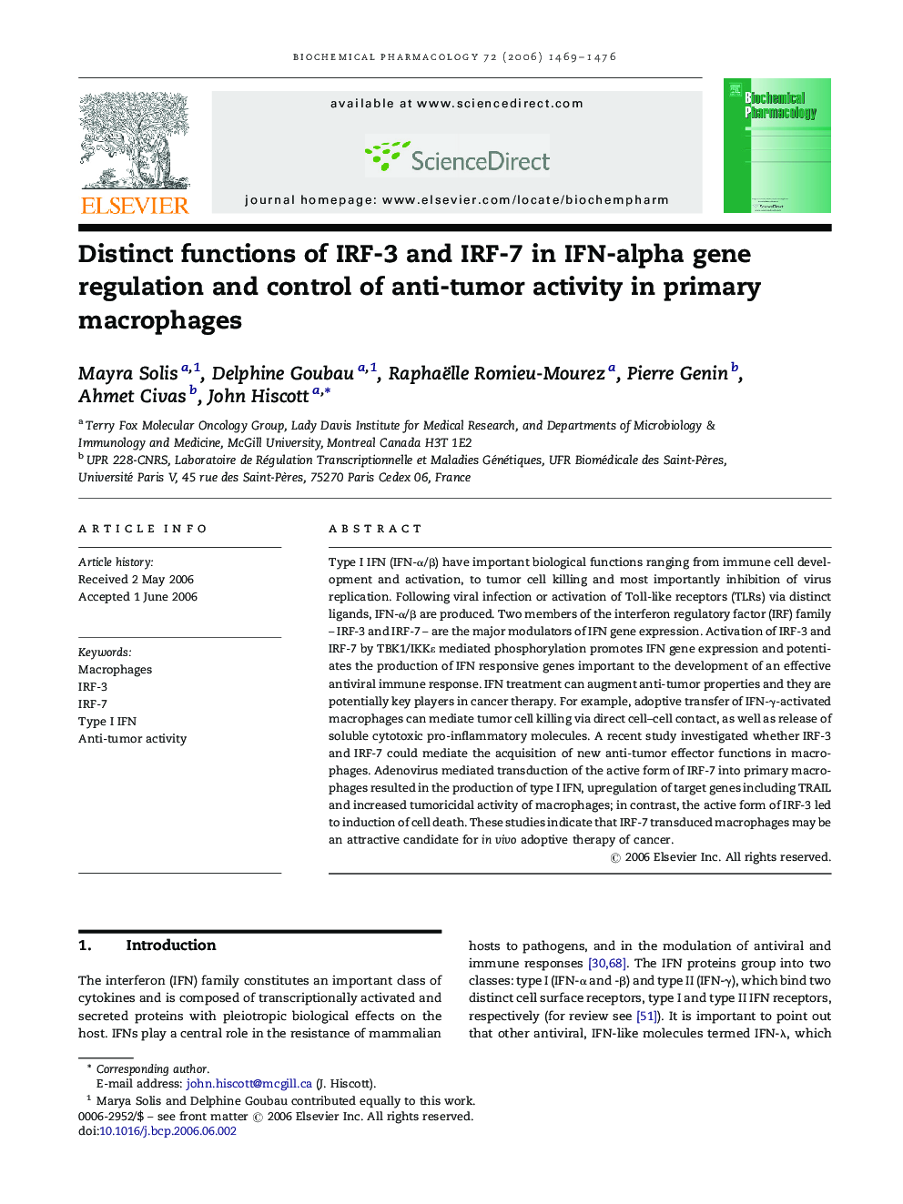 Distinct functions of IRF-3 and IRF-7 in IFN-alpha gene regulation and control of anti-tumor activity in primary macrophages