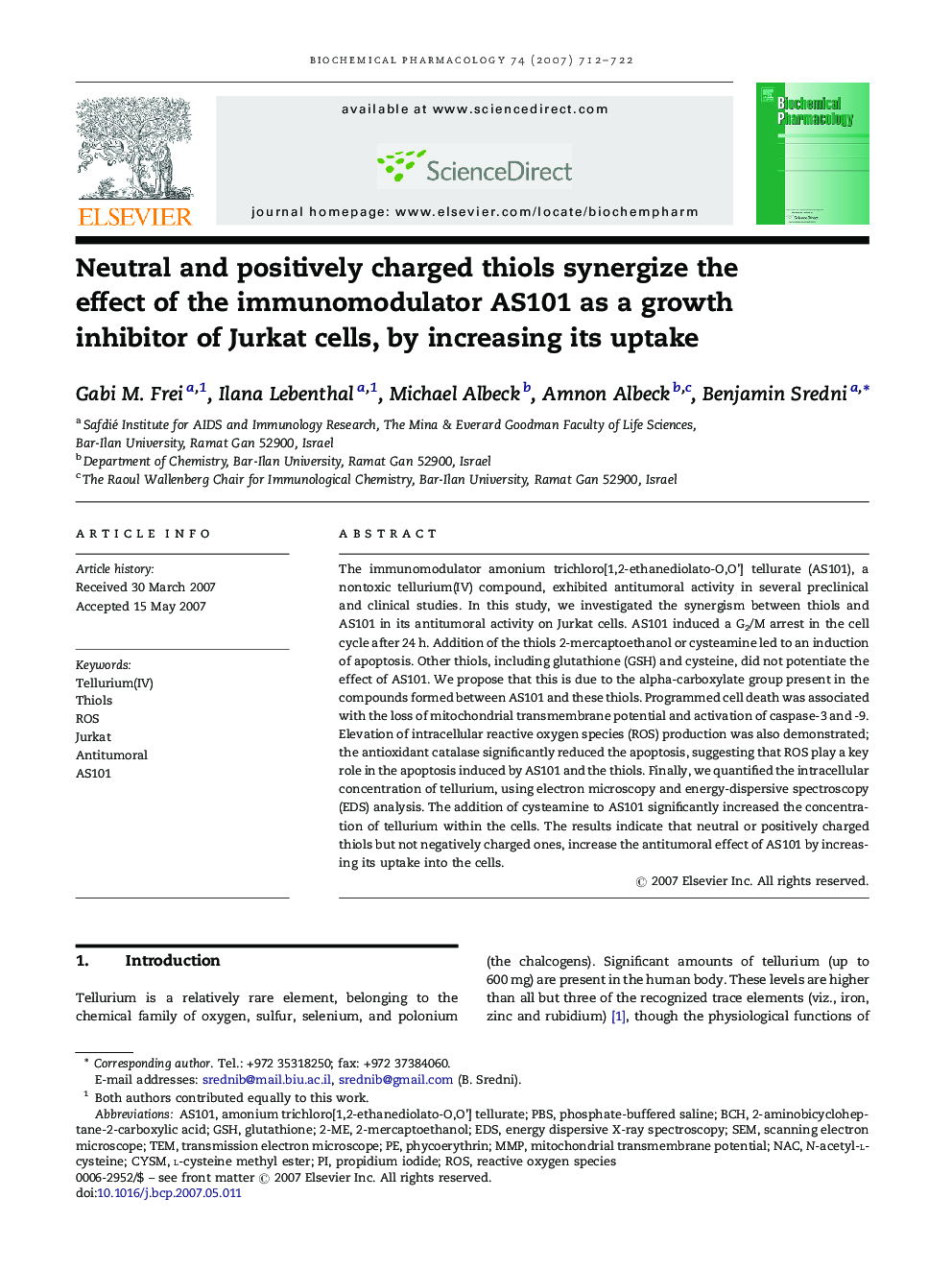 Neutral and positively charged thiols synergize the effect of the immunomodulator AS101 as a growth inhibitor of Jurkat cells, by increasing its uptake