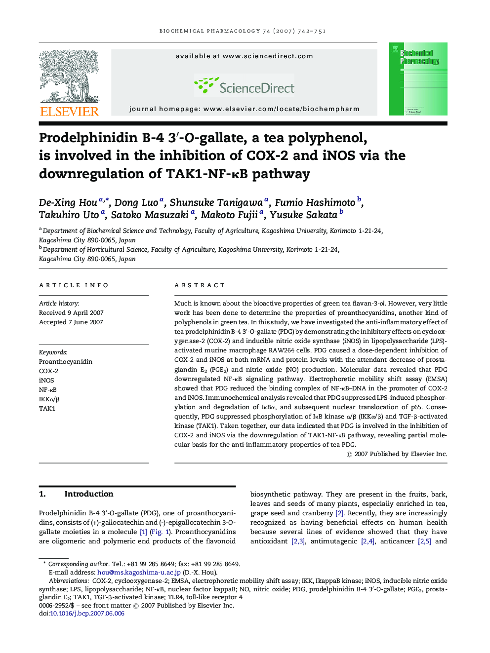Prodelphinidin B-4 3′-O-gallate, a tea polyphenol, is involved in the inhibition of COX-2 and iNOS via the downregulation of TAK1-NF-κB pathway