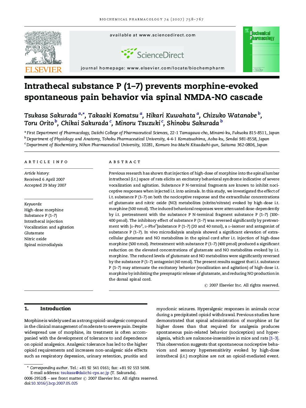 Intrathecal substance P (1–7) prevents morphine-evoked spontaneous pain behavior via spinal NMDA-NO cascade