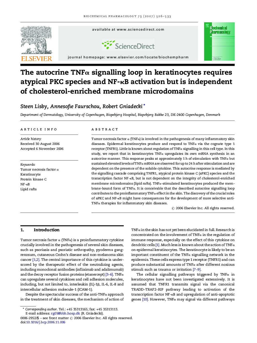 The autocrine TNFα signalling loop in keratinocytes requires atypical PKC species and NF-κB activation but is independent of cholesterol-enriched membrane microdomains