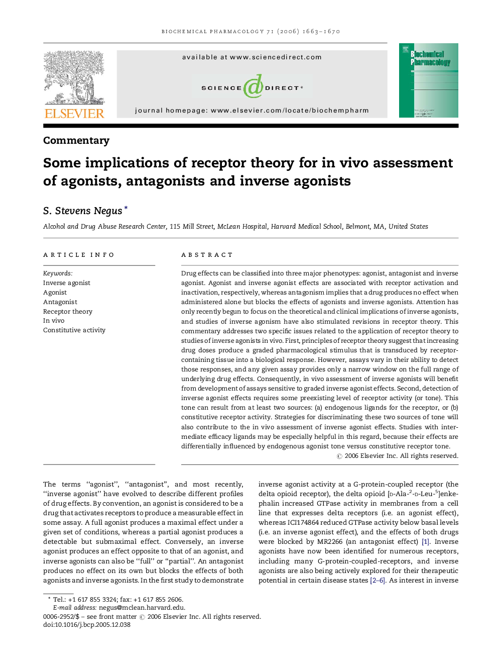 Some implications of receptor theory for in vivo assessment of agonists, antagonists and inverse agonists