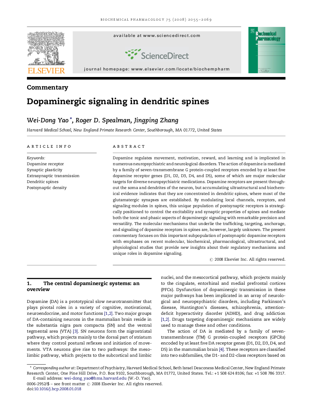 Dopaminergic signaling in dendritic spines