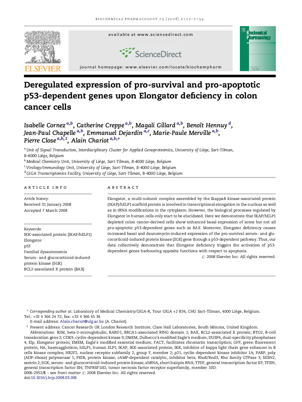 Deregulated expression of pro-survival and pro-apoptotic p53-dependent genes upon Elongator deficiency in colon cancer cells