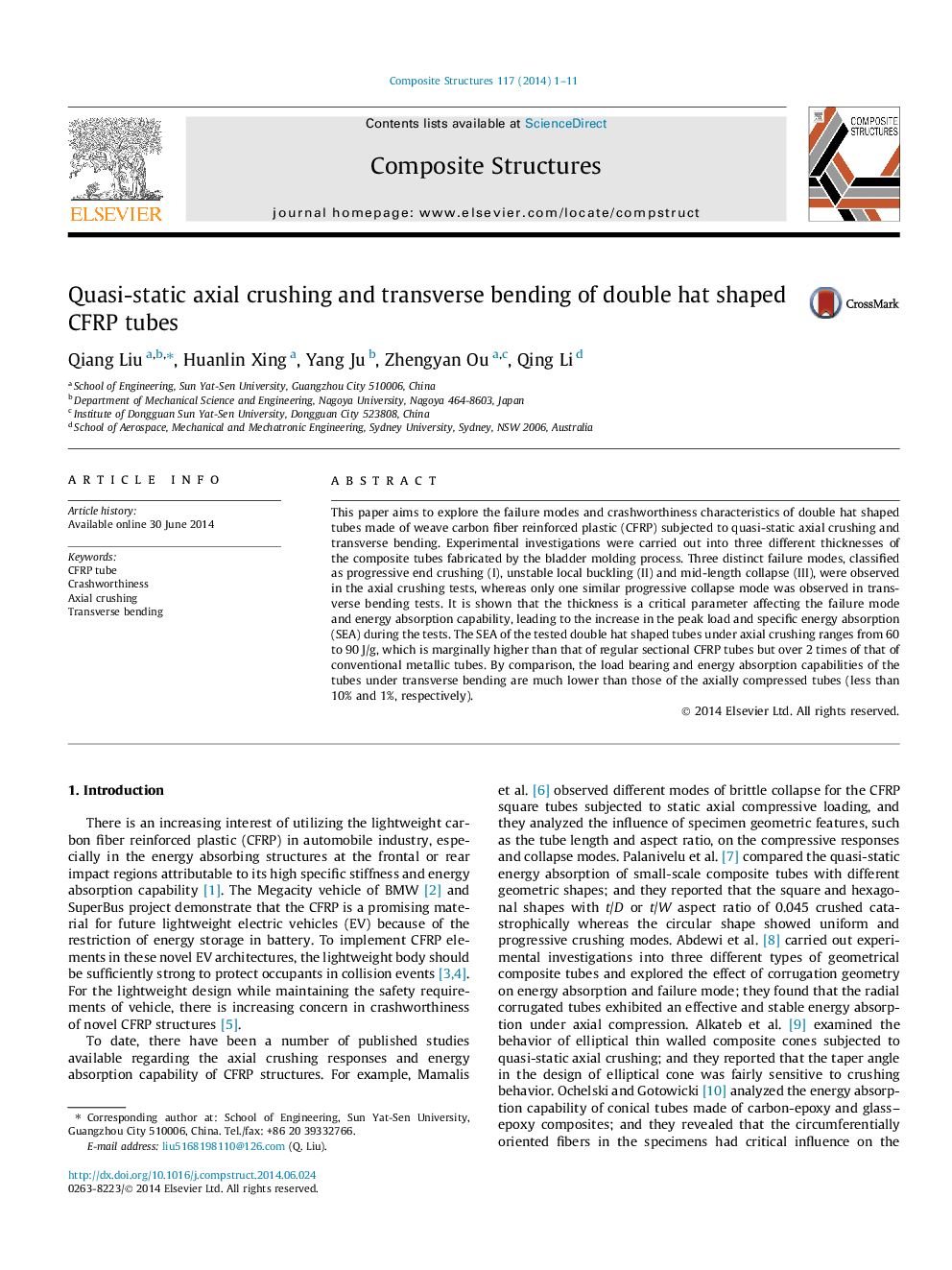 Quasi-static axial crushing and transverse bending of double hat shaped CFRP tubes