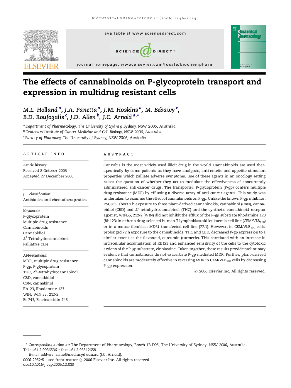 The effects of cannabinoids on P-glycoprotein transport and expression in multidrug resistant cells