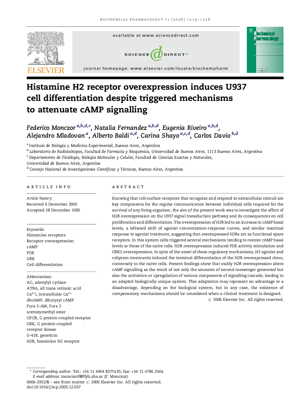 Histamine H2 receptor overexpression induces U937 cell differentiation despite triggered mechanisms to attenuate cAMP signalling