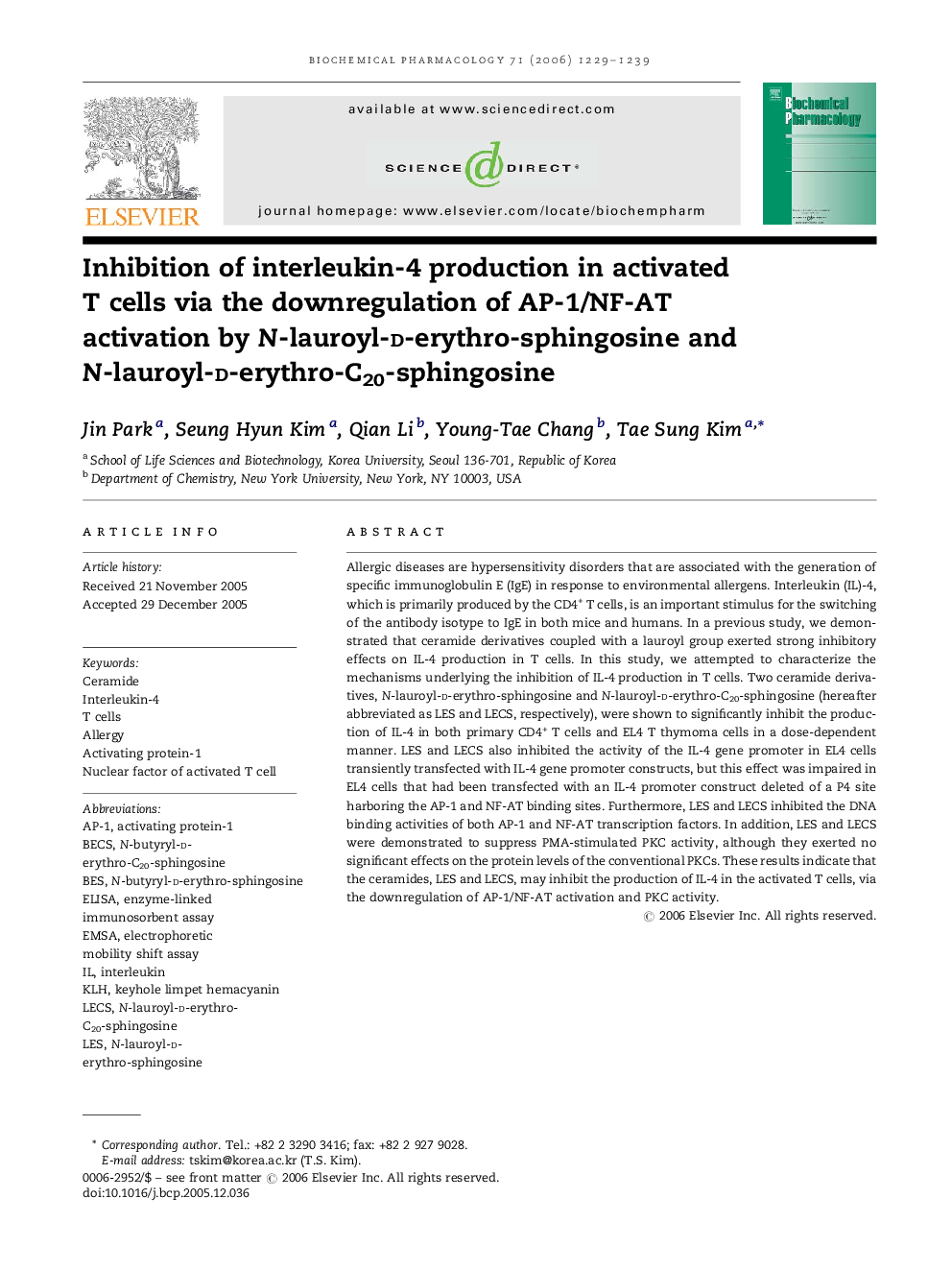 Inhibition of interleukin-4 production in activated T cells via the downregulation of AP-1/NF-AT activation by N-lauroyl-d-erythro-sphingosine and N-lauroyl-d-erythro-C20-sphingosine