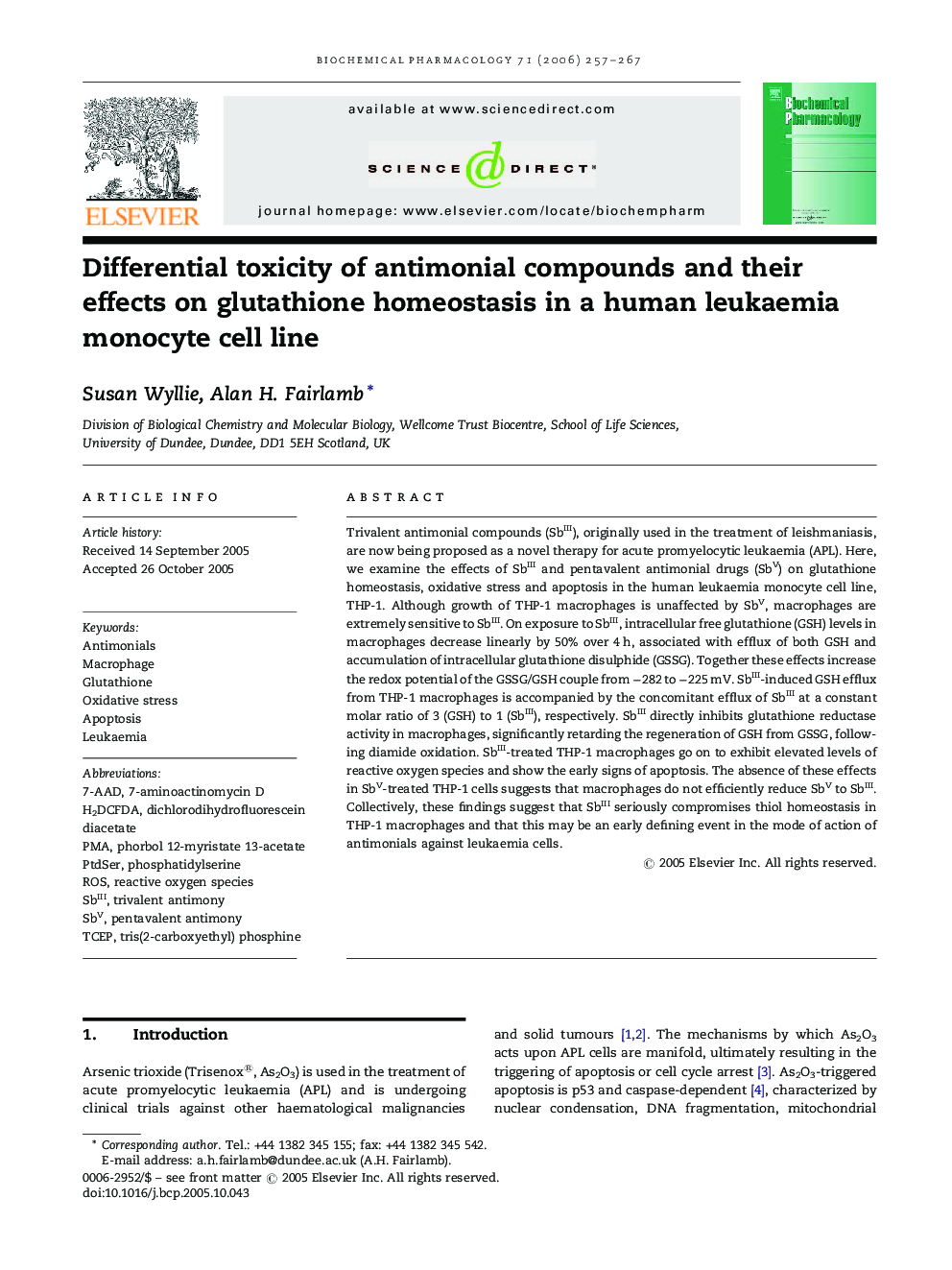 Differential toxicity of antimonial compounds and their effects on glutathione homeostasis in a human leukaemia monocyte cell line