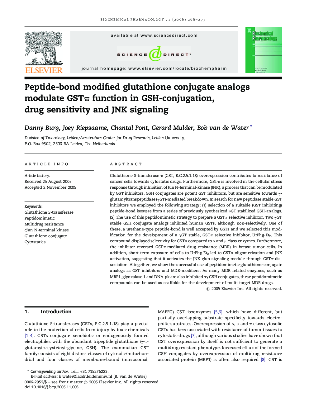 Peptide-bond modified glutathione conjugate analogs modulate GSTπ function in GSH-conjugation, drug sensitivity and JNK signaling