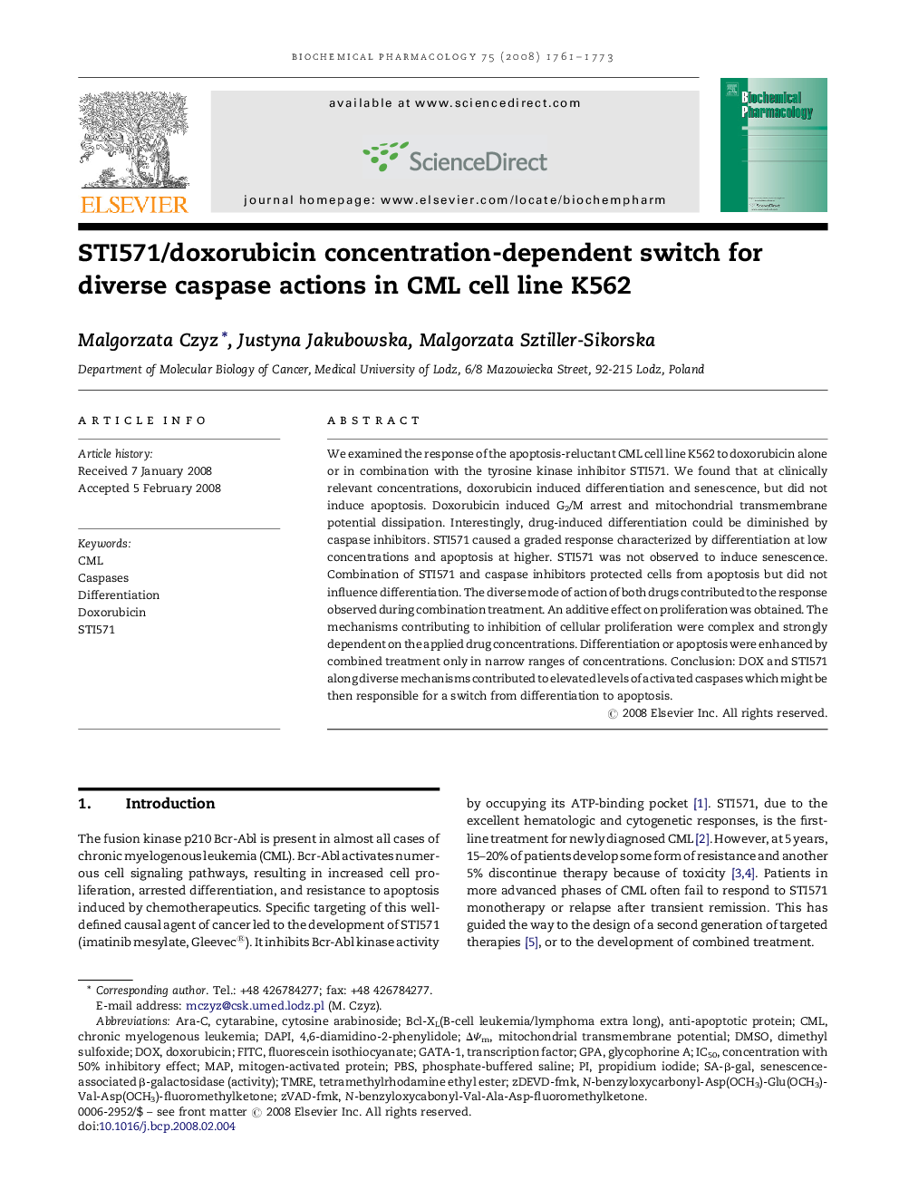 STI571/doxorubicin concentration-dependent switch for diverse caspase actions in CML cell line K562