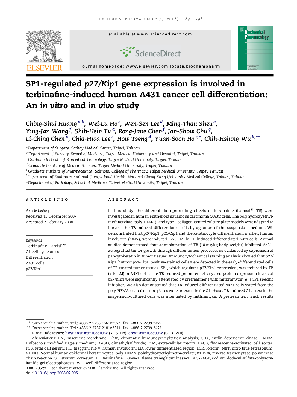 SP1-regulated p27/Kip1 gene expression is involved in terbinafine-induced human A431 cancer cell differentiation: An in vitro and in vivo study