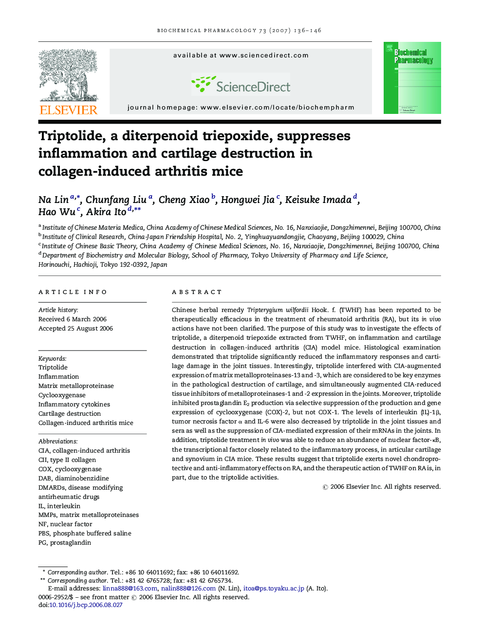 Triptolide, a diterpenoid triepoxide, suppresses inflammation and cartilage destruction in collagen-induced arthritis mice