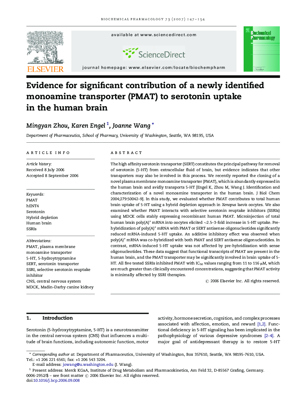 Evidence for significant contribution of a newly identified monoamine transporter (PMAT) to serotonin uptake in the human brain