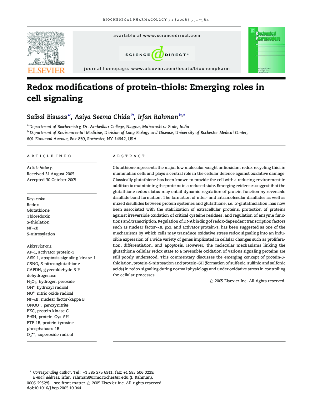 Redox modifications of protein–thiols: Emerging roles in cell signaling