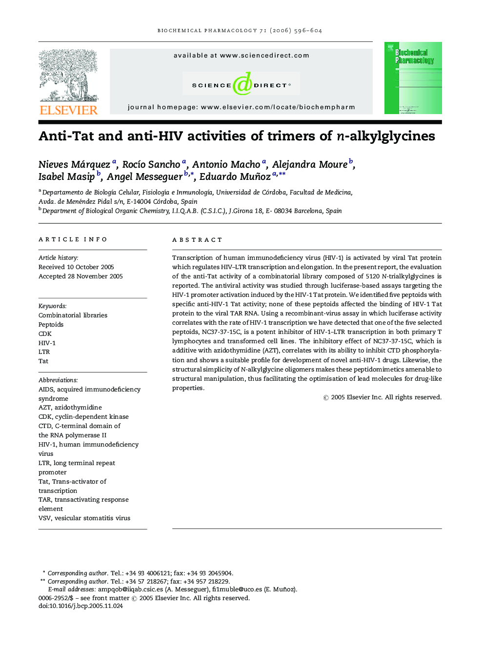 Anti-Tat and anti-HIV activities of trimers of n-alkylglycines