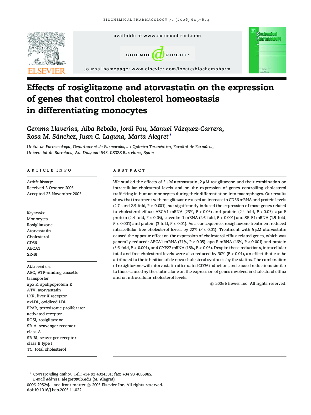 Effects of rosiglitazone and atorvastatin on the expression of genes that control cholesterol homeostasis in differentiating monocytes