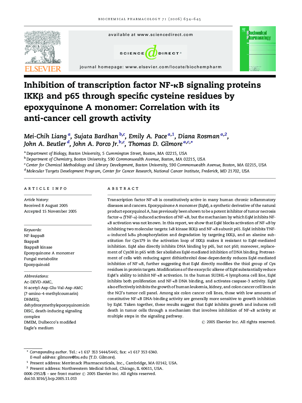 Inhibition of transcription factor NF-κB signaling proteins IKKβ and p65 through specific cysteine residues by epoxyquinone A monomer: Correlation with its anti-cancer cell growth activity