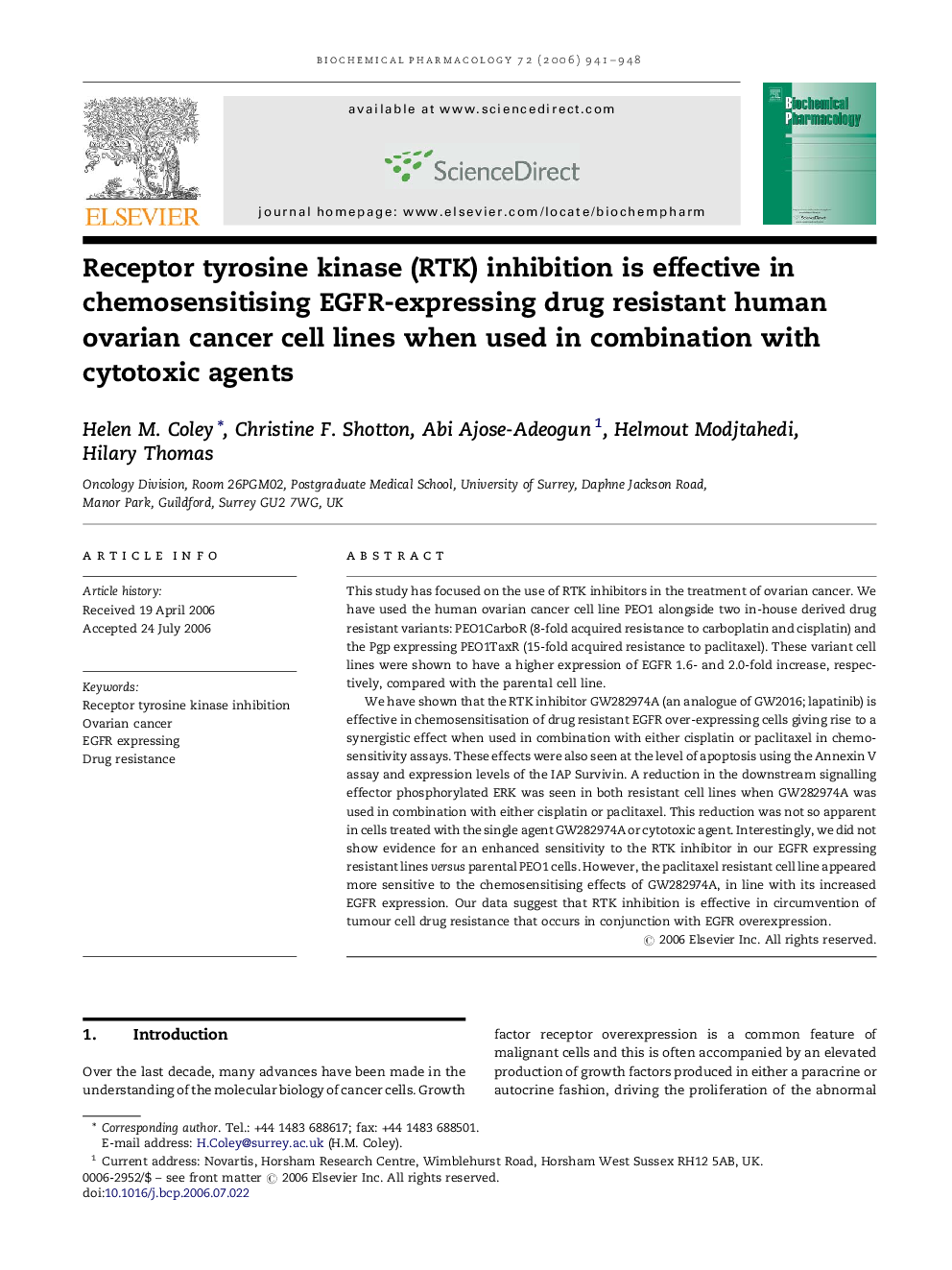 عکس صفحه اول مقاله: Receptor tyrosine kinase (RTK) inhibition is effective in chemosensitising EGFR-expressing drug resistant human ovarian cancer cell lines when used in combination with cytotoxic agents Receptor tyrosine kinase (RTK) inhibition is effective in chemosensitising EGFR-expressing drug resistant human ovarian cancer cell lines when used in combination with cytotoxic agents