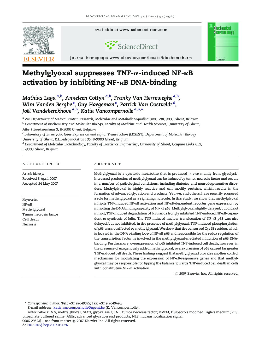 Methylglyoxal suppresses TNF-α-induced NF-κB activation by inhibiting NF-κB DNA-binding