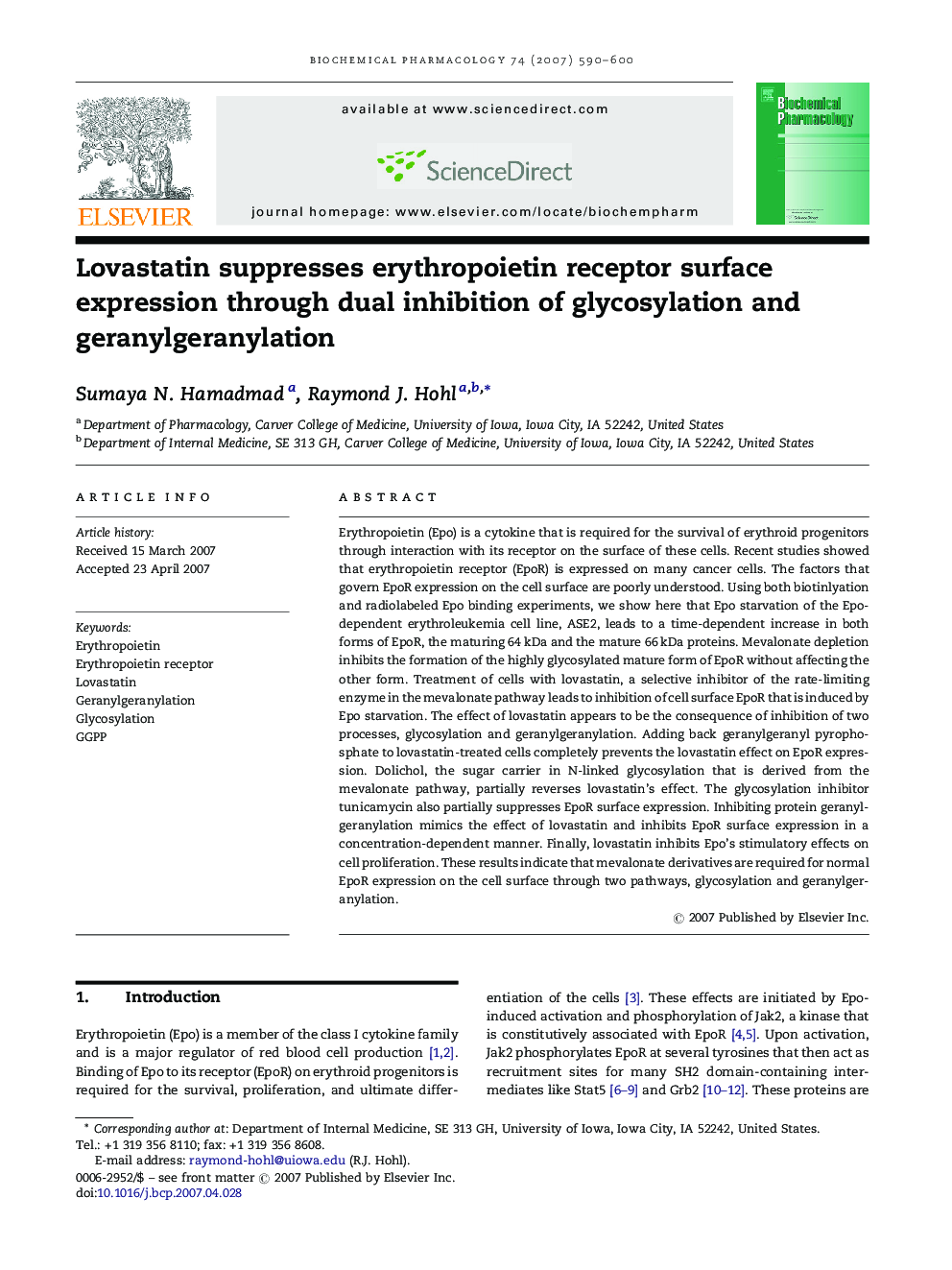 Lovastatin suppresses erythropoietin receptor surface expression through dual inhibition of glycosylation and geranylgeranylation