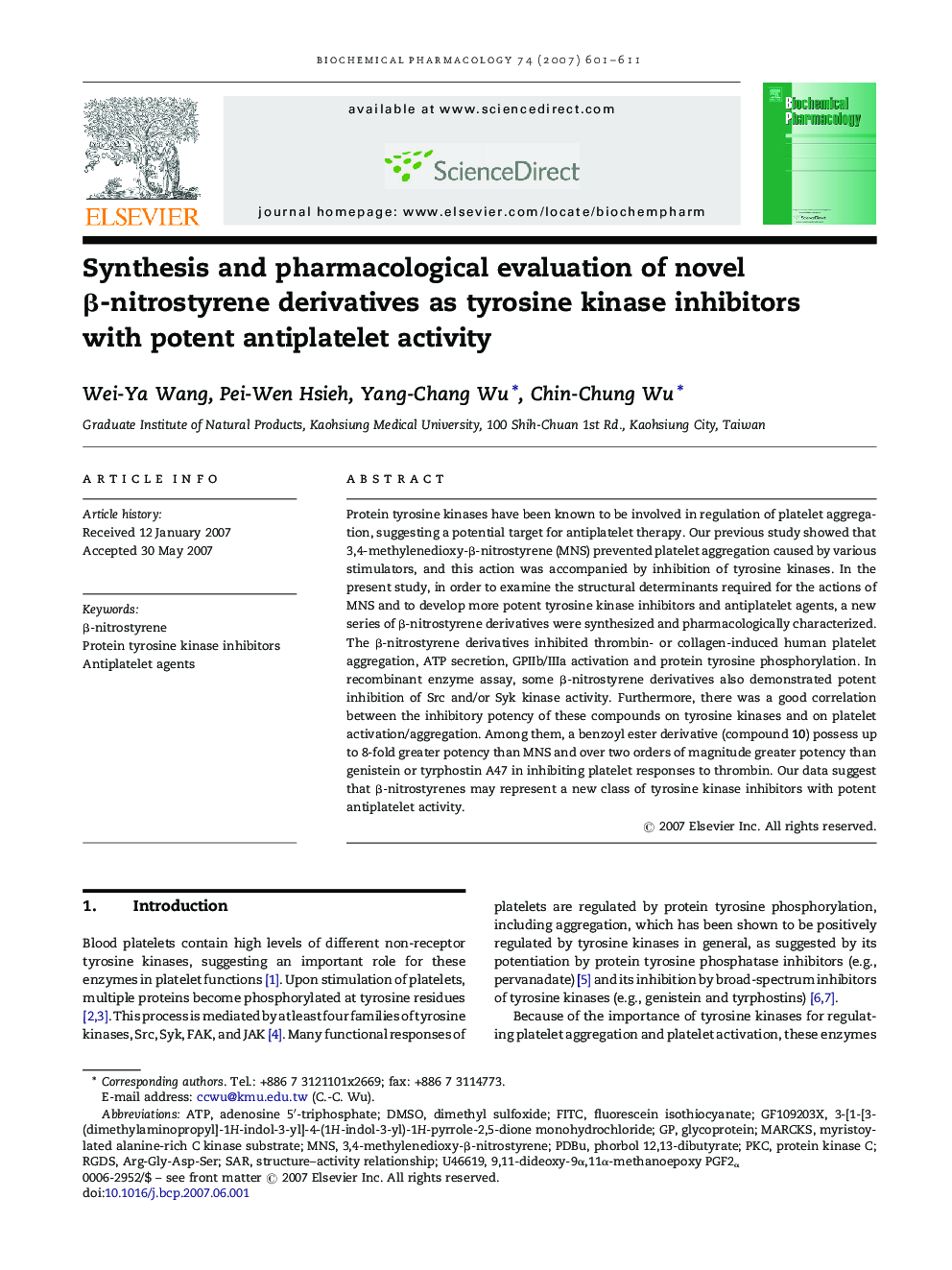 Synthesis and pharmacological evaluation of novel β-nitrostyrene derivatives as tyrosine kinase inhibitors with potent antiplatelet activity