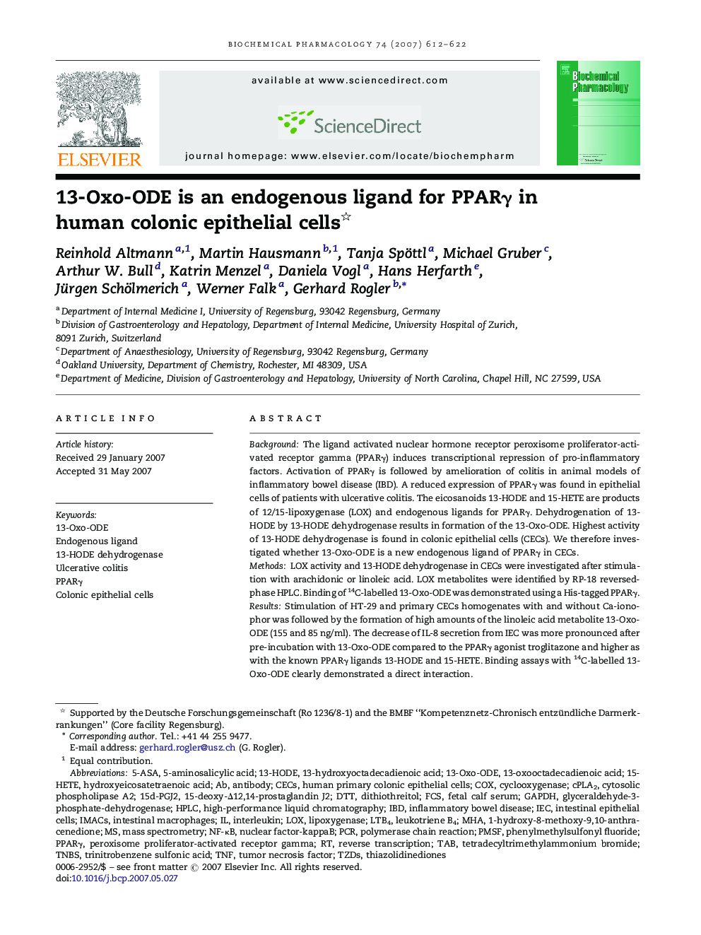 13-Oxo-ODE is an endogenous ligand for PPARγ in human colonic epithelial cells 