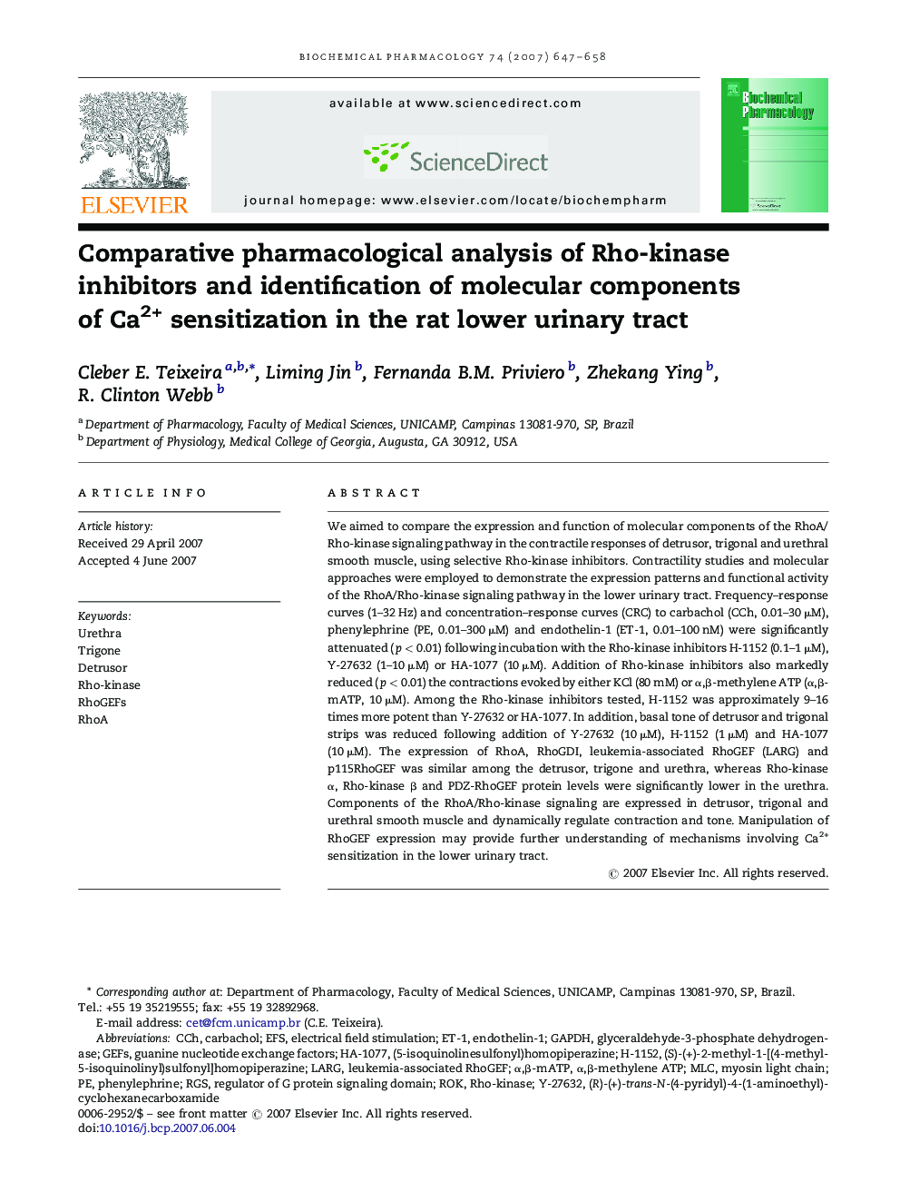 Comparative pharmacological analysis of Rho-kinase inhibitors and identification of molecular components of Ca2+ sensitization in the rat lower urinary tract