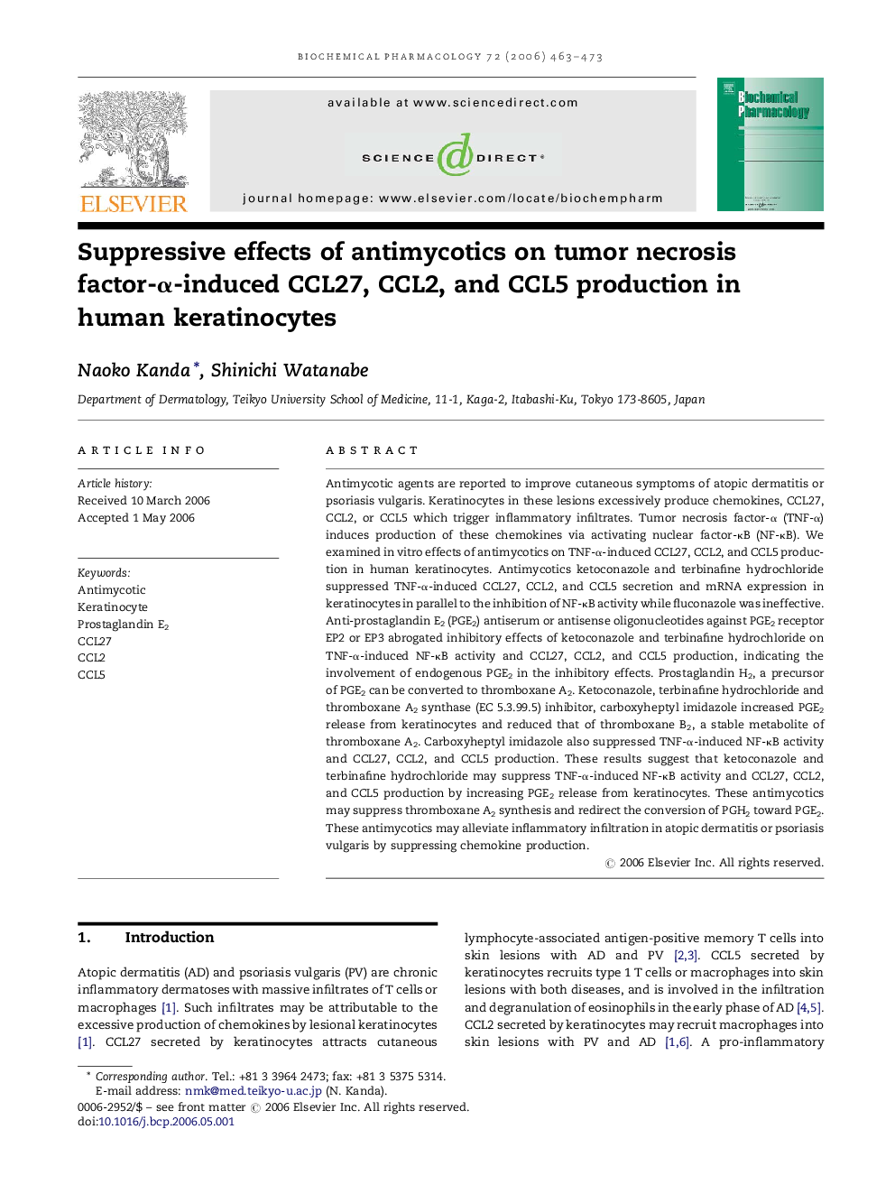 Suppressive effects of antimycotics on tumor necrosis factor-α-induced CCL27, CCL2, and CCL5 production in human keratinocytes