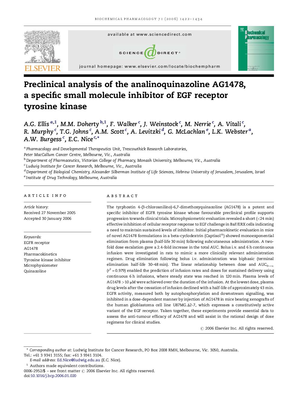 Preclinical analysis of the analinoquinazoline AG1478, a specific small molecule inhibitor of EGF receptor tyrosine kinase