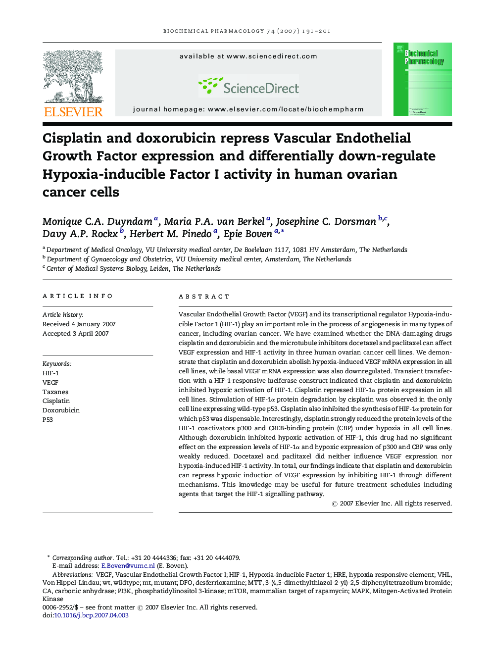 Cisplatin and doxorubicin repress Vascular Endothelial Growth Factor expression and differentially down-regulate Hypoxia-inducible Factor I activity in human ovarian cancer cells