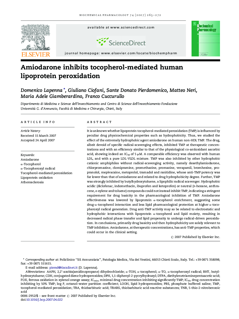 Amiodarone inhibits tocopherol-mediated human lipoprotein peroxidation