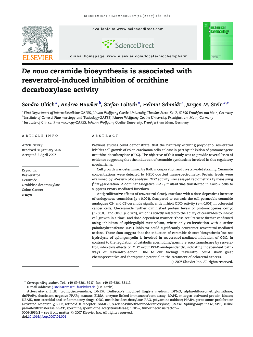 De novo ceramide biosynthesis is associated with resveratrol-induced inhibition of ornithine decarboxylase activity